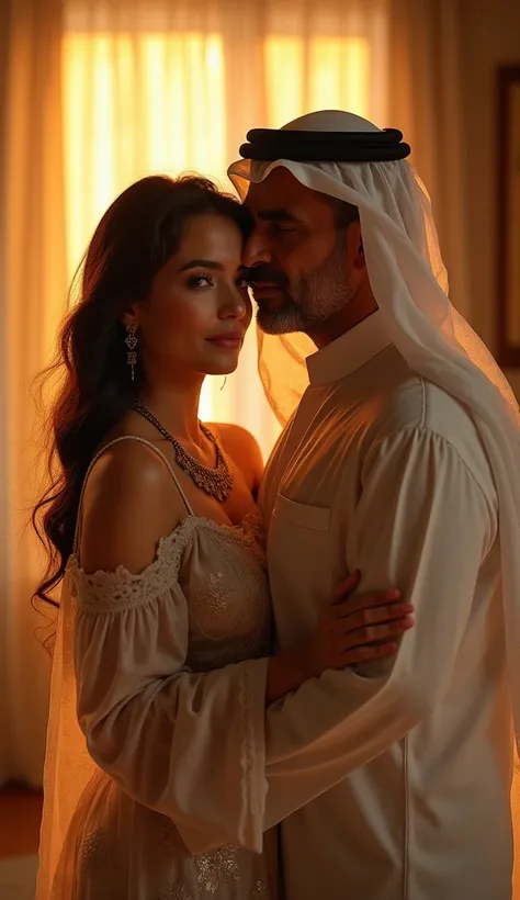 (((A beautiful 22-year-old white woman with a bold look , In the tenderly embrace of a 55-year-old man wearing traditional Middle Eastern clothing, In the room))), ( looks at the camera ),  bright lighting , high brightness , really ,  full body image,  A ...