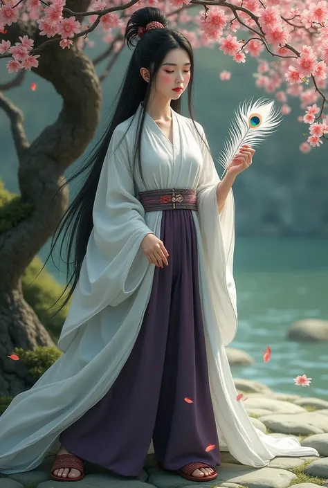  Woman.
Chinese.
a little chubby.
 White skin with black spots.
 long black hair.
 Long white kimono .
White peacock syrup .
Wide dark purple pants.
 wooden slipper.
Jade swords .
At the foot of a peach tree .