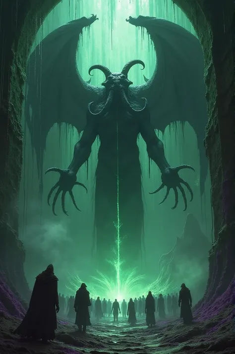 The almighty ctuluh, gigantic, towering above tiny people, dark cave, horror, dark colors, scary