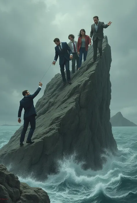 People on top of a gray rock ,  reaching out to save others ,  while a man in a suit tries to pick them up