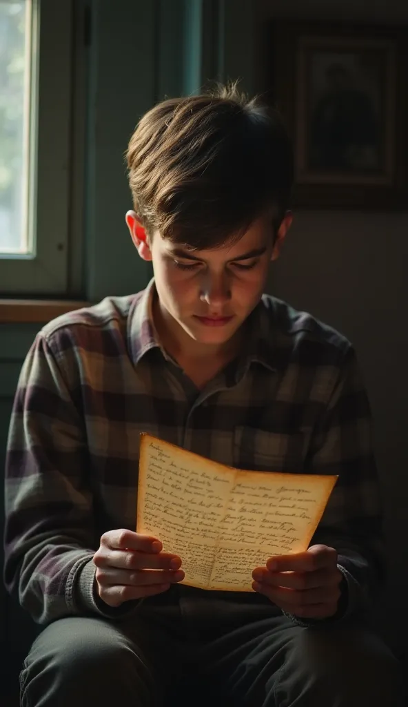 " A young man finds a forgotten letter among his deceased grandmother's belongings.  With trembling hands ,  who opens it and reads words of encouragement and love ,  that rekindle his courage and change his destiny .  The scene shows the emotional boy , s...