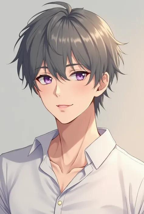 Anime guy around 20 years old, with grayish brown hair, calm squinted purple eyes, a comfortably white wide neckline shirt and pale skin. Serene and content. Broad shoulders long handsome face.