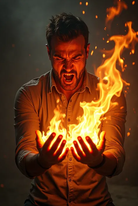 Man holding an intense flame in his hands, with his clothes starting to burn; expression of pain and surprise.*