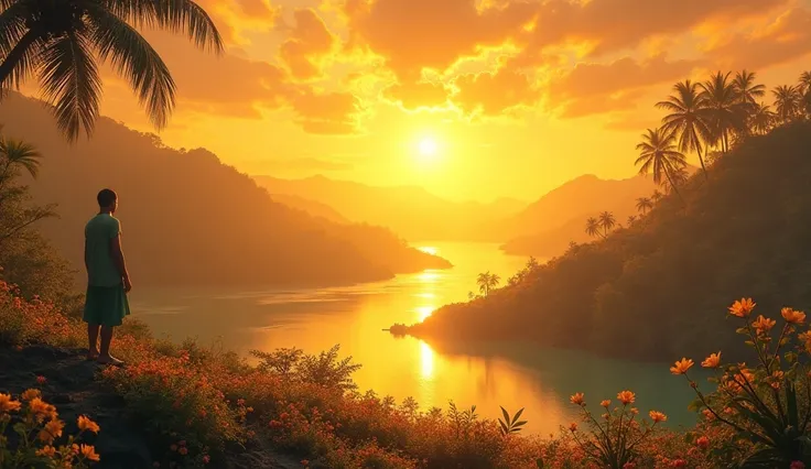 A breathtaking paradise bathed in golden light, where tranquil rivers flow endlessly, and lush gardens bloom with flowers that never wilt. The sky is painted in eternal sunset hues, casting a serene glow over a utopian landscape. But amidst the perfection,...