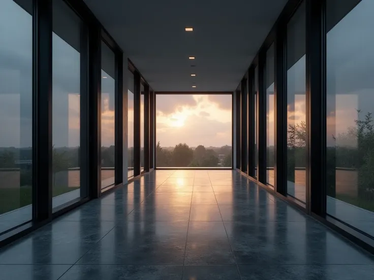 photo 4k, Hyper realistic, a photo of a long corridor in a modern house , It's cloudy outside, Gray afternoon , sunset, Are there clouds that cover the Sun, rainy weather. The camera is in the hallway. There are large windows and doors on the sides. 