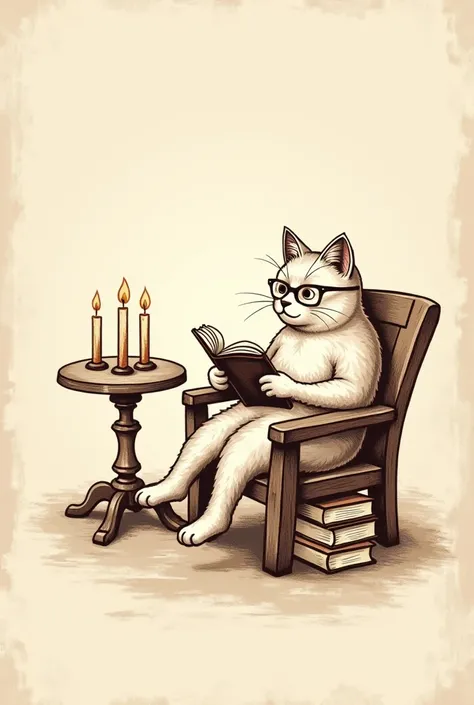 The image features a charming hand-drawn illustration of a cat sitting comfortably on a wooden chair and casually reading a book. The cat looks relaxed but engrossed in reading. To his left is a small round table with three lit candles. Under the chair is ...