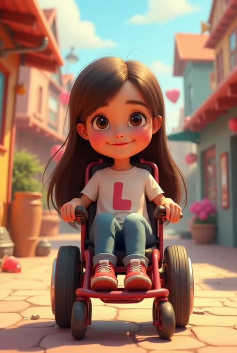 Disney Pixar Cartoon Characters Drawing

3D drawing

Girl in a wheelchair, motorized chair, long hair, straight hair, brown hair, brown eyes, fair skin, red lipstick, glasses, with initial L on the T-shirt