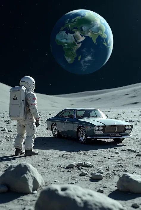 a sedan car with a geolocation symbol on the roof ,  on the lunar surface while a surprised astronaut observes it from afar in space we can see the Earth floating 