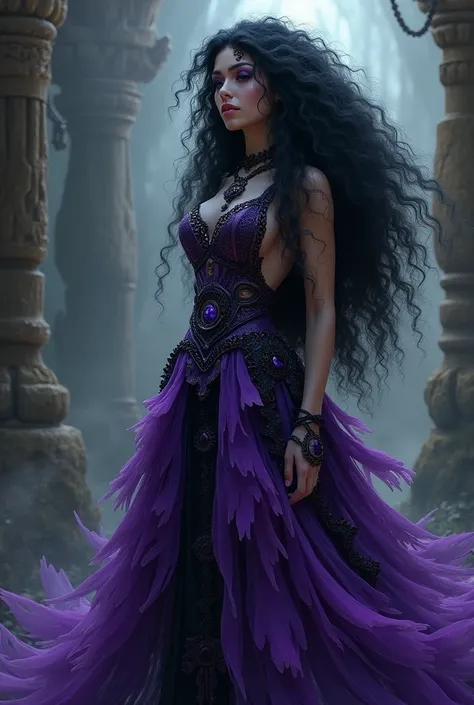 Umbanda entity Pombo Gira , with long curly hair in black, Wearing purple and black girly pigeon dress!