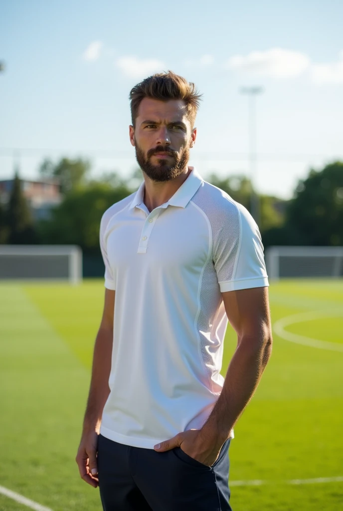  New never seen sports design  white polyester polo, sports collar, with ventilation polyester under armpit, male outside near a soccer field 