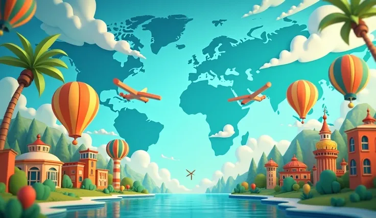 “A 3D animated-style YouTube banner with a vibrant, adventurous, and friendly theme, visually representing global friendship and exploration. The design should be dynamic and engaging, using bright yet balanced colors like blue, green, and orange. The back...