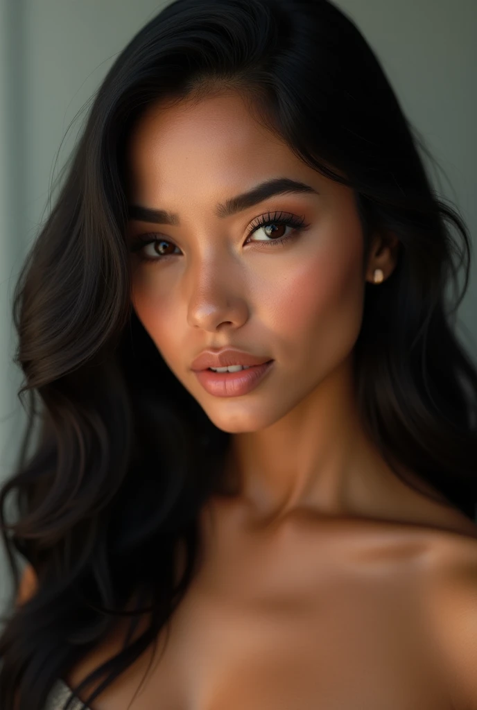  Create a realistic woman, 24-year-old Brazilian, sexy,  long black hair.  almond-eyed teeth