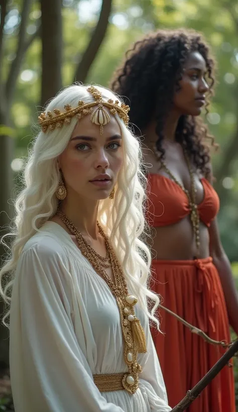 Ultra realistic 8k two women in nature , In the foreground beautiful gypsy woman with wavy white hair,  blue eyes, using gold shell accessories,  wearing white clothes,  behind her a black woman who is teaching how to use the sword  ,With curly hair and a ...