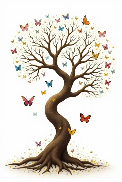 Image on a white background of a leafy brown tree without leaves with an exaggerated number of butterflies of different sizes and colors around