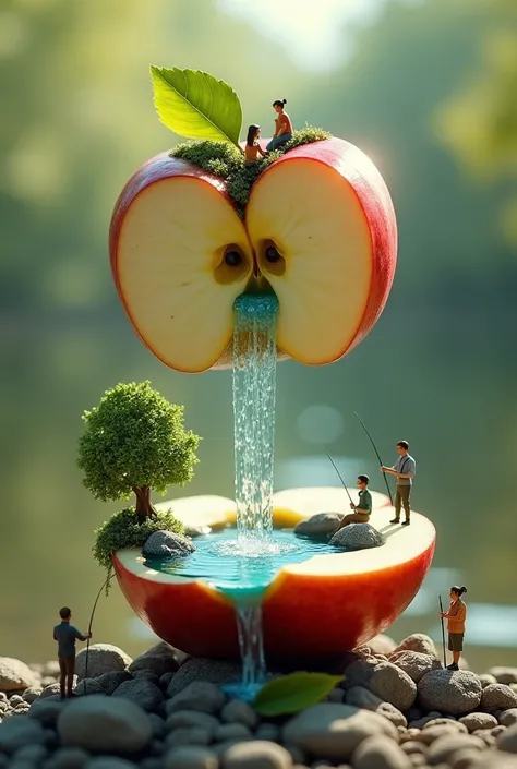 "A surreal digital artwork of a halved apple forming a miniature landscape. The bottom half of the apple contains a small pond with crystal-clear blue water, surrounded by tiny lush green trees and realistic miniature rocks. The top half of the apple is fl...