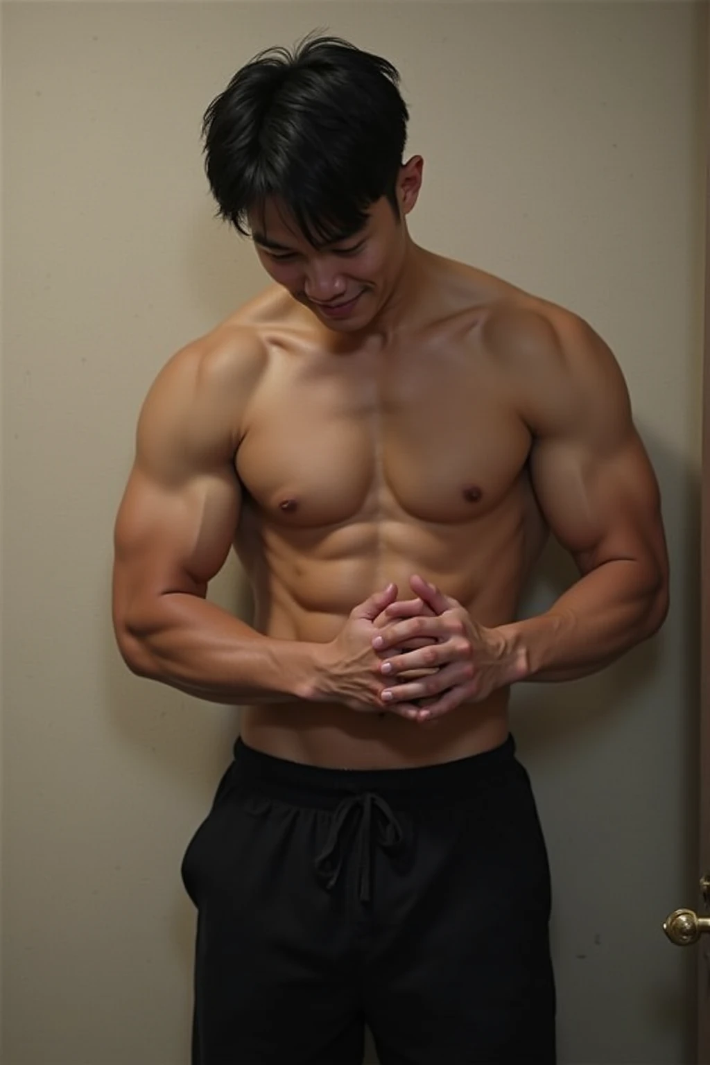 Muscular Korean guy masturbating