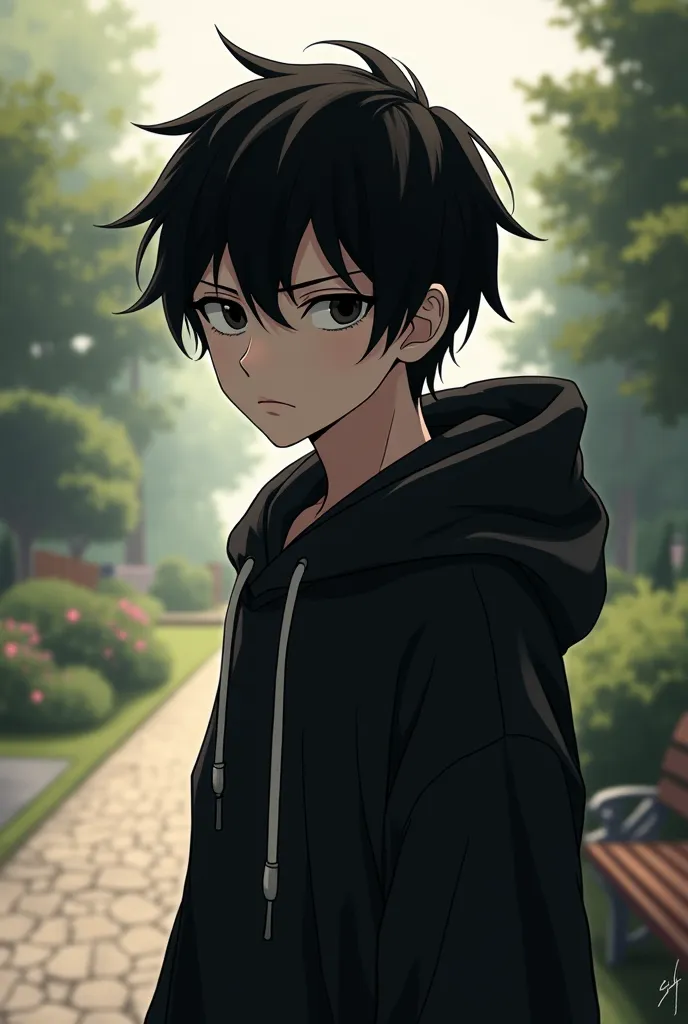    anime male profile picture hairstyle  : short,  汚れたblack髪  (  As shown in the reference image above,   ).whole body,full body shot,  black目と表情 :    serious expression  .  : black,  minimal details  ,   hooded jacket .  background : noon ,   garden .   g...