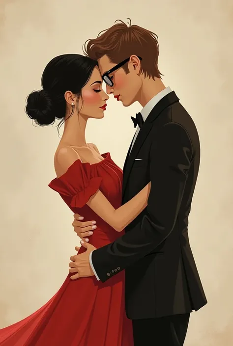 You can create an image of a short woman 
In dark tea and dark hair and tied up in a wide red dress and a younger tall man in white tea , light brown hair , glasses,And they are hugging each other as if dancing so that the appearance of the image looks lik...