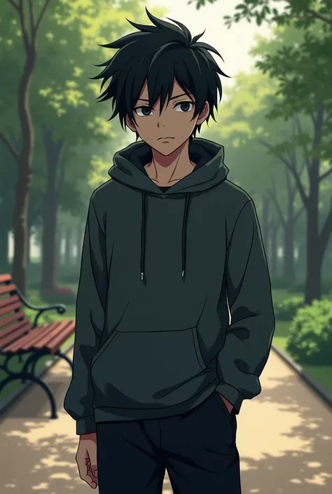    anime male profile picture hairstyle  : short,  汚れたblack髪  (  As shown in the reference image above,   ).whole body,full body shot,  black目と表情 :    serious expression  .  : black,  minimal details  ,   hooded jacket . blackいスウェットパンツ, background : noon ,...