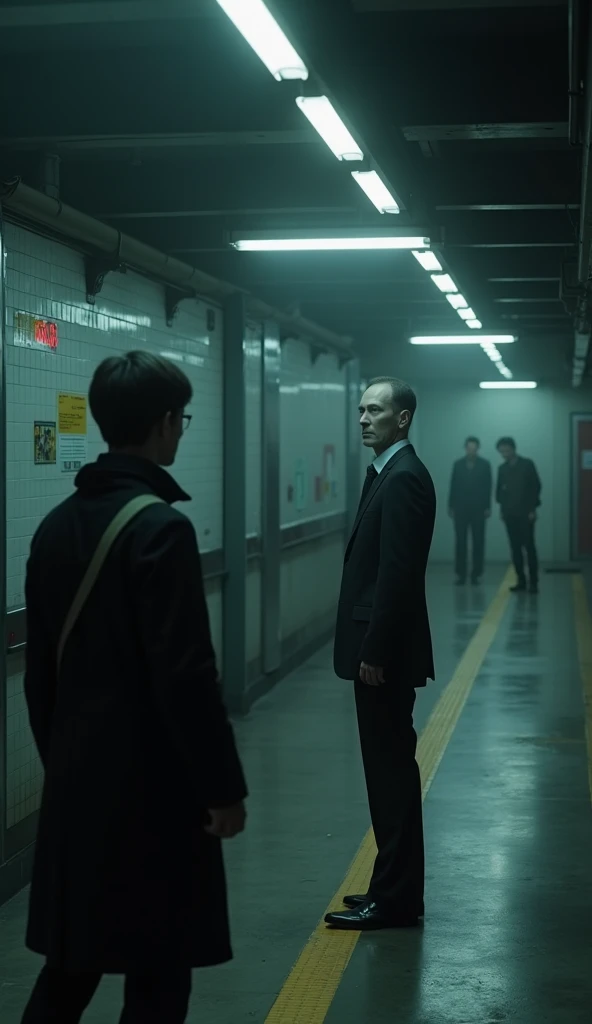  A dark and almost empty subway station .  in the foreground,  the protagonist with her back ,  with his body tense as he looks askance at a tall and thin man on the other side of the platform.  He is dressed in an impeccable black suit ,  her pale and exp...