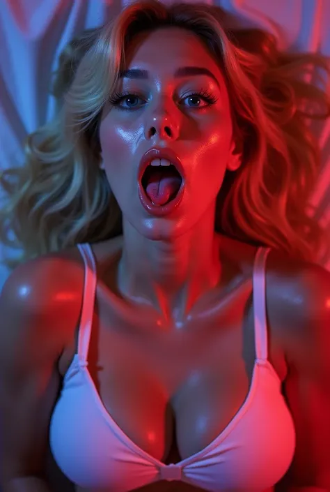 ((  ahegao )), (low lighting), (Neon atmosphere),  open background , busty blonde bosom woman,  above your knees, looking up,  blonde hair , view from above, (( green eyes )), big detailed eyes, ulzzang ,  bust neckline , large breasts, Orgasm , Sweaty , i...