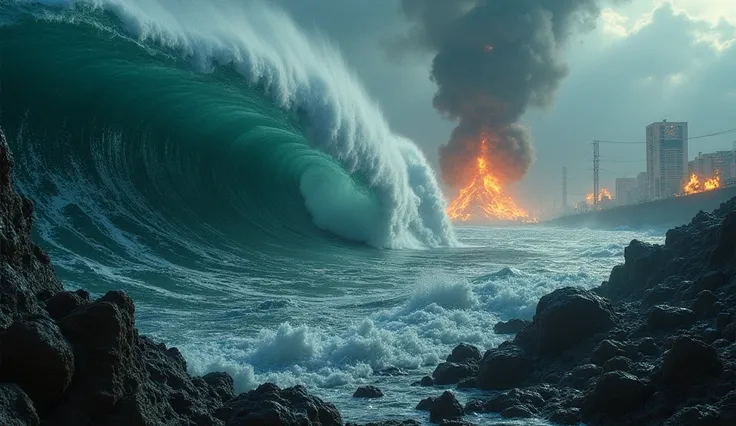 A dark underwater fissure cracks open, triggering a deep-sea explosion. The force pushes an unstoppable tsunami towards the coast. Underwater cameras capture marine life being violently thrown around. As the wave hits, entire buildings collapse like sandca...