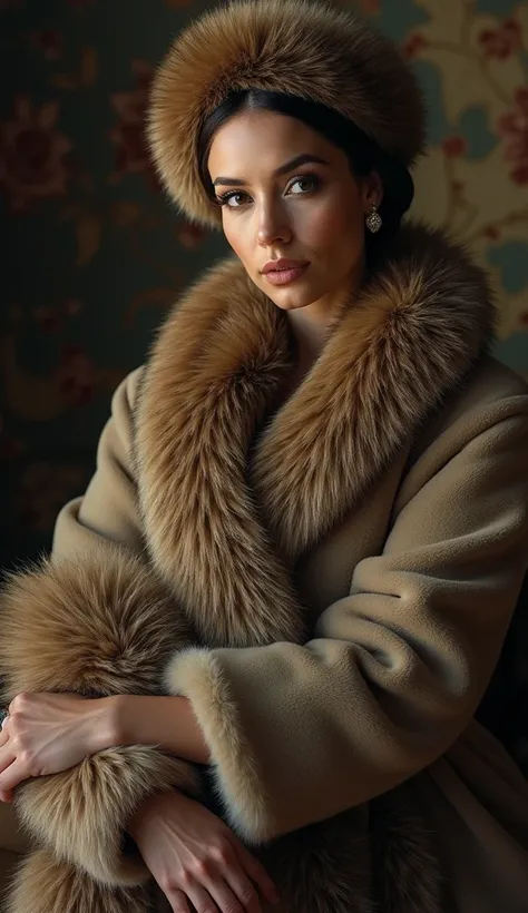 A beautiful women, with a fur cap on , a fur stole, sitting upright and holding out to the spectator a huge fur muff into which her forearm had vanished, other arm is resting position

