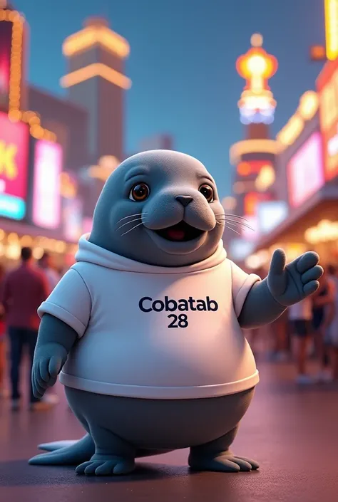 Manatee wearing white shirt with the COBATAB 28 logo greeting in Las Vegas
