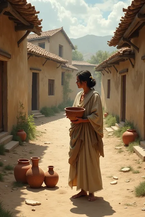   Create an old village with dirt streets and old houses from before Christ,  a woman holding a clay pot  , There are several vases on the floor at your feet  