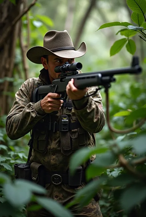 A hunter in a dense jungle, dressed in a full camouflage hunting suit with a cowboy hat. He is holding a rifle, aiming and ready to hunt. His face is visible, showing a focused and determined expression. The jungle environment is lush and detailed, with ri...