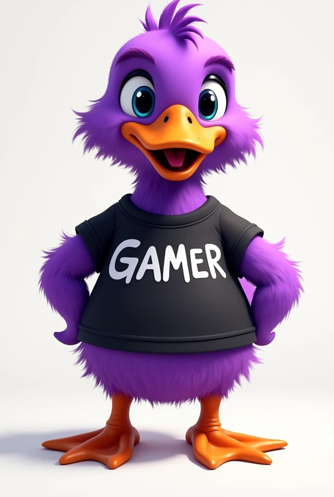 Make a purple duck with a black shirt written gamer in letter shape 