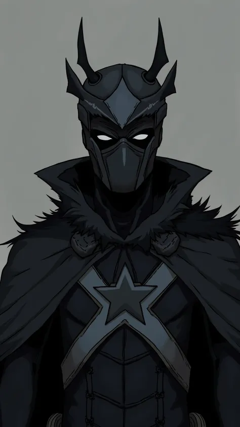  Creates an anti-hero with black armor with gray details ,  black star on the chest ,  Black mask that covers the face , black and gray cover ,  black fur on the shoulders and a simple 5-point black crown on each side of the head 