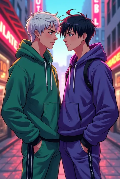 Create gay couple Entp and Infj in anime style the Infj with short white hair green streetware clothing and the Entp with black hair and purple streetware clothing