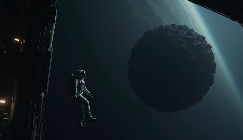 A lone crew member in a space suit, floating outside the space station, approaching an enormous, dark, organic object in the vast emptiness of space. The object is an indescribable shape, shifting and pulsating, almost as if it’s alive. The station's faint...