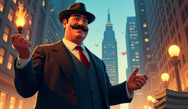 "Crea una ilustración épica al estilo pixar/ Disney that captures the essence of J .p.  Morgan as a financial titan . It represents J .p.  Morgan as an imposing and charismatic character ,  with an expressive face that highlights his characteristic thick a...