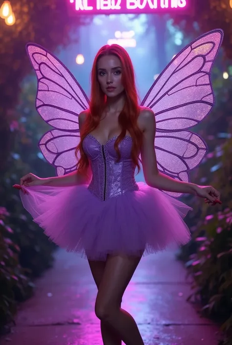 Madson Beer woman, 20 years, light red long wavy slick hair, white glow skin, brown eyes, gloss lips, soft makeup and highlighter,big breasts. She is wearing a light purple strapless corset, the skirt is made of light purple tulle, the skirt is short in th...