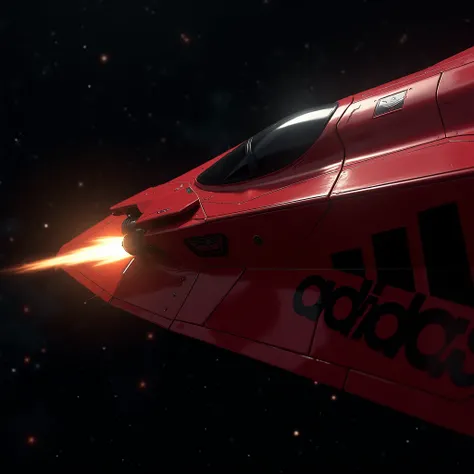 deep space, a super close up of a small missile being launched from a wing from a red adidas style star fighter space ship