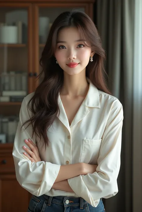  masterpiece, 8k,  photorealistic,23-year-old woman,  Japanese woman with a round face  ,  glowing skin like porcelain  ,  porcelain shiny skin , Long Hair, brown hair,smile, earrings, facing the front , dark blue skinny jeans,long sleeve shirt with white ...