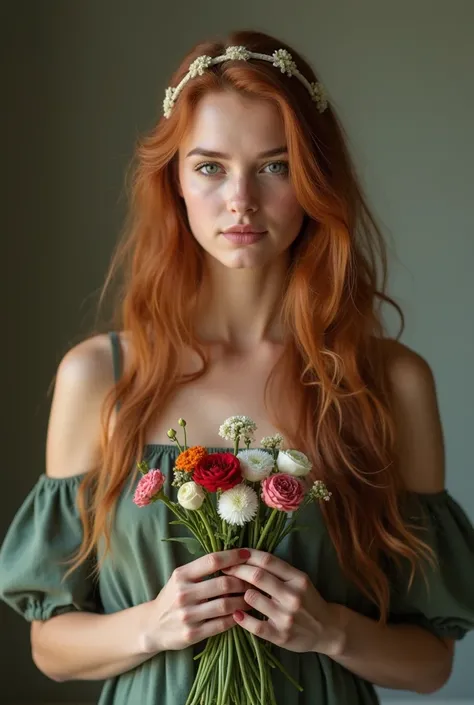   Realistic photo of a beautiful young woman  ,  Almlafo from his grandfather ,  an old man with a European appearance  ,  she has long hair  , her loose reddish brown hair  ,  decorated with a very small headband in her hair  ,  Ella with her beautiful lo...