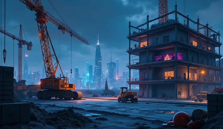 "Create a highly detailed, digitally illustrated scene of a futuristic, high-tech construction site at night. The site is surrounded by a glowing, futuristic city skyline with towering skyscrapers and neon-lit buildings in the distance. The foreground feat...