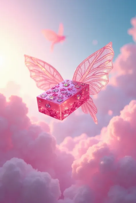 Pink soap bar with wings full of precious stones that flies in a pink sky sprinkled with colorful clouds 