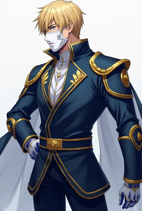  A Man, Short dark blond hair,  wearing dark blue leather armor with gold details, wearing a white mask, white gloves with blue details,  black dress shoes,  must be in the style of the anime Jujutsu Kaisen 