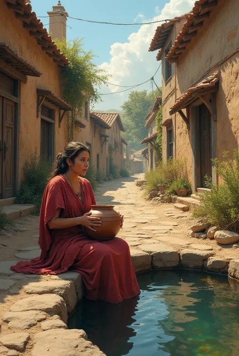   Create an old village with dirt streets and old houses from before Christ,  a woman holding a clay pot  , Sitting on the brocal of the water well 