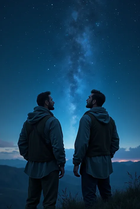 men watching the sky full of constellations