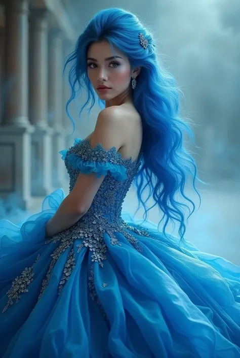 Woman with blue hair and blue ball gown