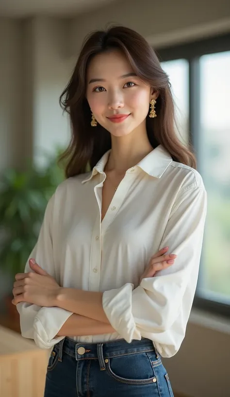  masterpiece, 8k,  photorealistic,26-year-old woman,  Japanese woman with a round face  ,  glowing skin like porcelain  ,  porcelain shiny skin , Long Hair, brown hair,smile, earrings, facing the front , dark blue skinny jeans,long sleeve shirt with white ...