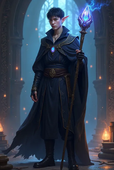 He is a 23-year-old mage, of enigmatic beauty and slender build, with pointed elven ears that denote his mystical ancestry. His eyes are a deep blue, conveying wisdom and experiences accumulated over the years. His hair, dark and shot, giving him a majesti...