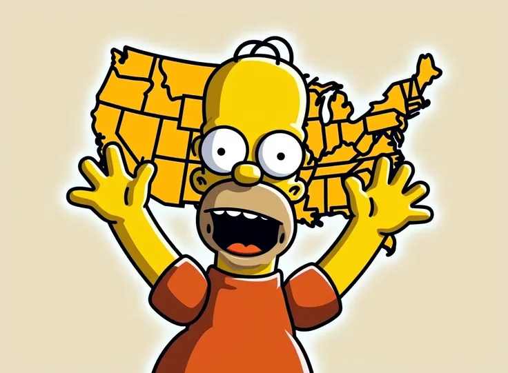 Create a map of the United States in, With Homer Simpson watching with his hands on his head, Simpson style