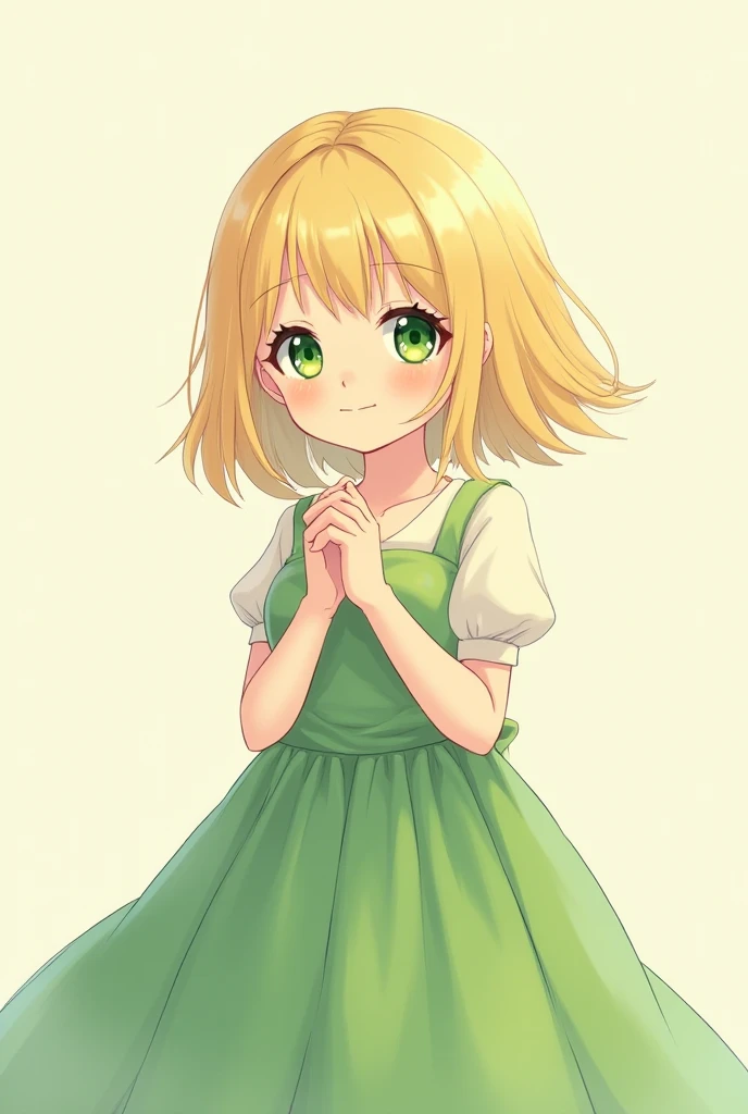 The blonde is wearing a beautiful dress,  green eyes, very cute.  anime style 