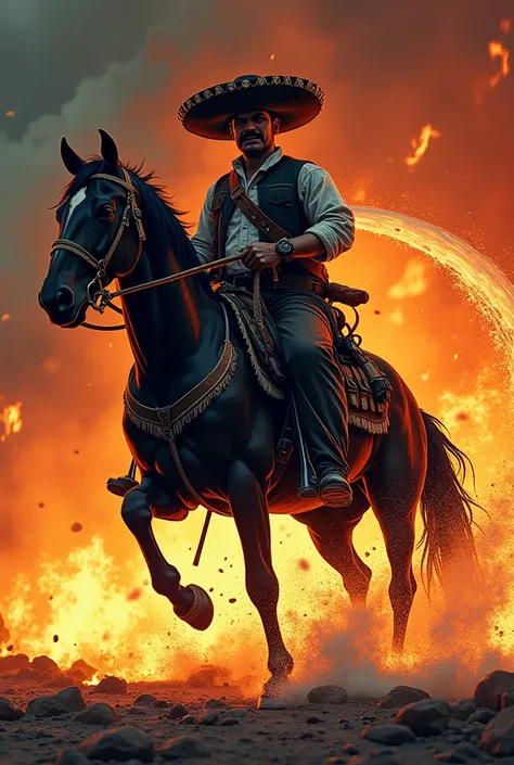 Create a firefighter logo by Emiliano Zapata on his horse throwing water